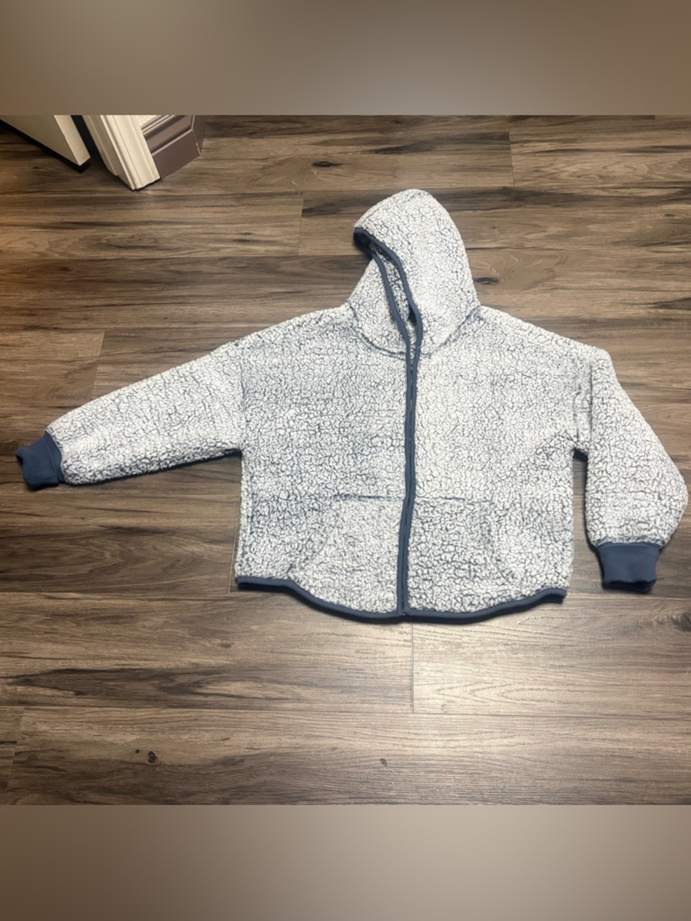 a new day  Hooded Sherpa Jacket in Light Gray with Navy Trim